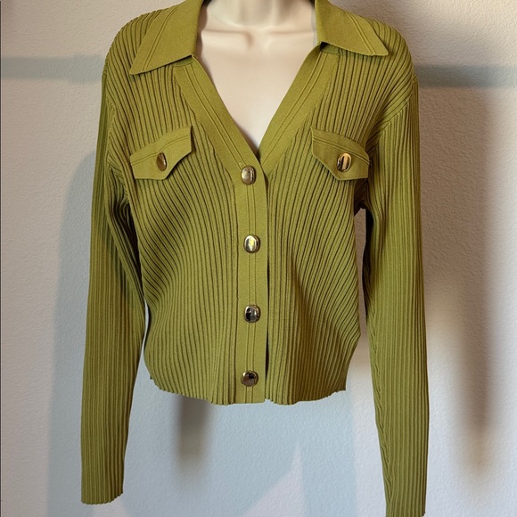 Sandro Axel Ribbed Knit Cardigan in Olive Green - Picture 1 of 7